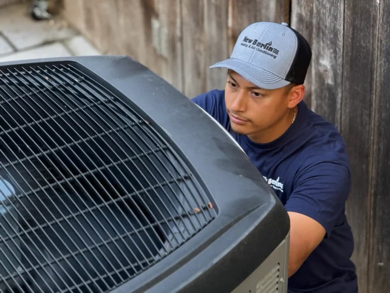 A man in a navy shirt and cap is performing air conditioning repair on an outdoor unit next to a wooden fence.
