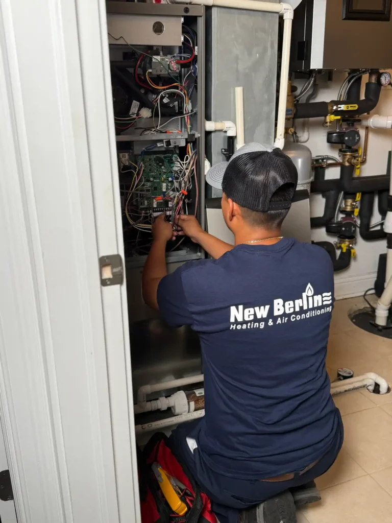 A technician wearing a "New Berlin Heating & Air Conditioning" shirt works on the wiring inside an open HVAC system.