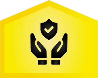 Two black hands hold a shield with a checkmark inside, centered on a yellow hexagonal background.