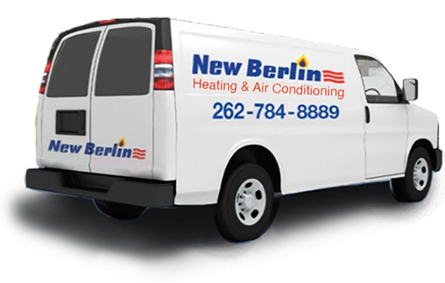 White van with "New Berlin Heating & Air Conditioning" and a phone number (262-784-8889) printed on the side.