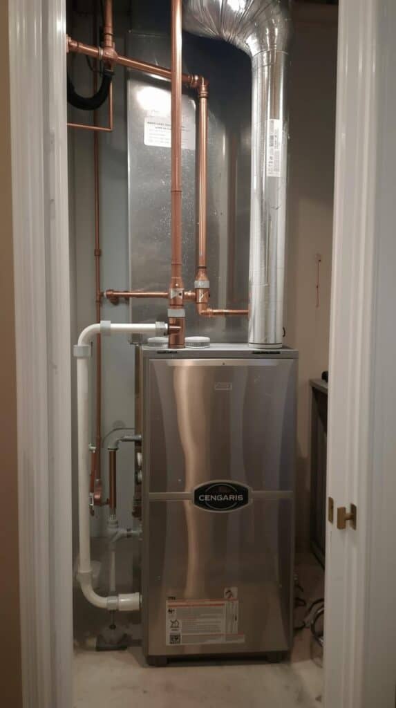 A metal furnace unit—considered one of the best furnaces on the market today—with connected copper and PVC pipes is installed in a small utility closet with white doors.