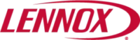 Lennox logo in red capital letters with a curved line swooping over and under the word on a transparent background.