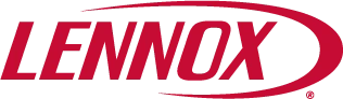 Lennox logo in red capital letters with a curved line swooping over and under the word on a transparent background.