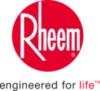 Rheem logo with "engineered for life" slogan; white text on a red circle above the slogan in black and red letters on a white background.