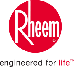 Rheem logo with "engineered for life" slogan; white text on a red circle above the slogan in black and red letters on a white background.
